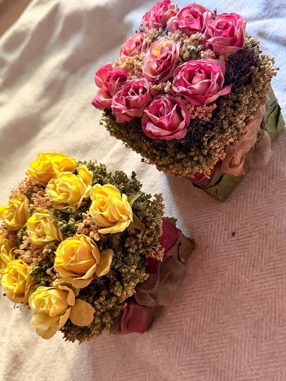 Handcrafted Pink and Yellow Rose Accent Pair - Decorative Floral Arrangement